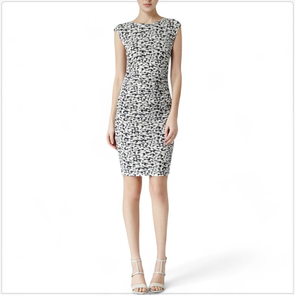 REISS Rica Black Off White Print Jersey Stretch Ruched Bodycon Dress Size 4